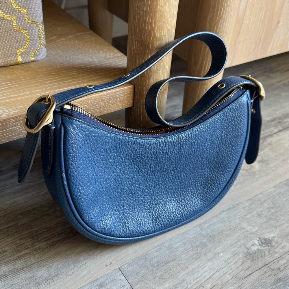 Coach Luna Pebbled Navy Crescent Shoulder Bag with Gold Hardware